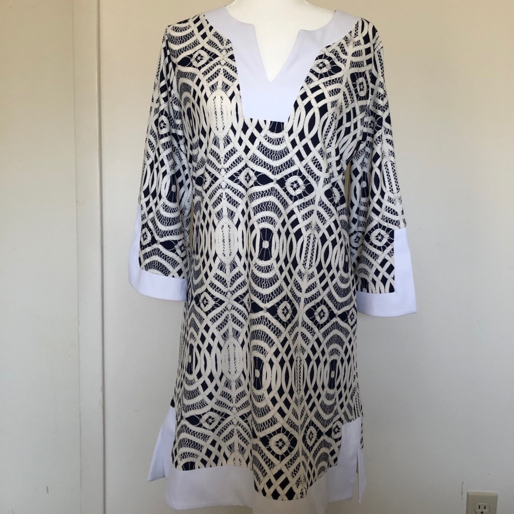 NWT BO&NIC Navy Blue and Ecru Lattice Lace Tunic